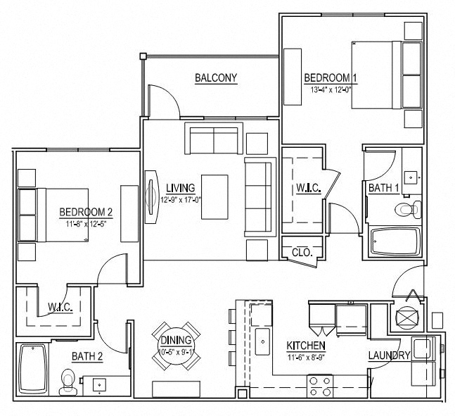 Floor plan for 2 beds, 2 baths, 1255 sqft